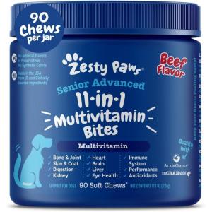 imageZesty Paws Senior Dog Multivitamin Treats  Glucosamine for Dogs  Digestive Enzymes ampamp Probiotics  Grain Free Dog Vitamins and Supplements for Skin ampamp Coat  Immune Health Chicken  Advanced  90ctBeef  Advanced