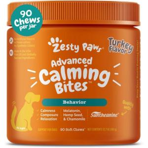 imageZesty Paws Calming Chews for Dogs  for Everyday Stress Relaxation Composure and Separation 90 Count TurkeyTurkey  Melatonin
