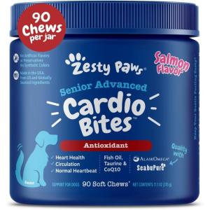 imageZesty Paws Cardiovascular Support for Dogs  Taurine for Dogs  with CoQ10 L Carnitine ampamp Sea Buckthorn  Senior Heart Health  AlaskOmega Fish Oil Omega 3  Senior  Salmon  90 CountAdvanced  Salmon