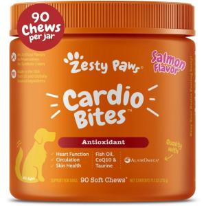 imageZesty Paws Cardiovascular Support for Dogs  Taurine for Dogs  with CoQ10 L Carnitine ampamp Sea Buckthorn  Senior Heart Health  AlaskOmega Fish Oil Omega 3  Senior  Salmon  90 CountSalmon