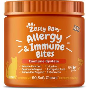 imageZesty Paws Cat Allergy Relief  Anti Itch Supplement  Omega 3 Probiotics  Salmon Oil Digestive Health  Soft Chews for Skin ampamp Seasonal Allergies  with Epicor Pets  Bacon  60 Count