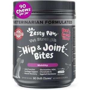 imageZesty Paws Hip and Joint Supplement for Dogs  Glucosamine with Chondroitin MSM Vitamins C and E Dog Joint Relief  Mobility Bites Duck  90 CountBeef  Bacon  Vet Strength