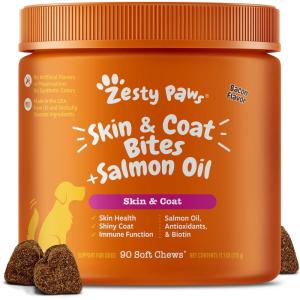 imageZesty Paws Salmon Oil for Dogs Skin and Coat Omega 3 Fish Oil Chews Dog Allergy Relief Chews Itch Relief Supplement 90 Count Salmon FlavorBacon