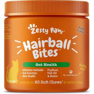 imageZesty Paws Hairball Bites for Cats  Cat Furball Support  Functional Supplement with Omega 3 Fish Oil EPA ampamp DHA  Zinc Biotin ampamp Psyllium Husk  Supports Gut ampamp Skin Health  60 Count